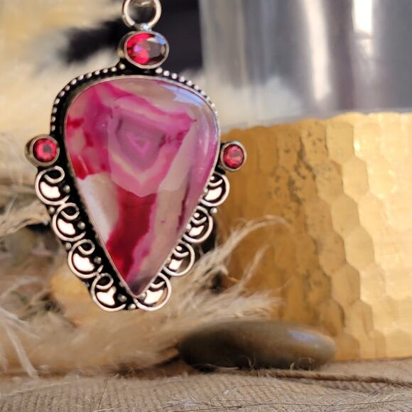 Bold Sterling Silver Pink Agate Pendant with Faceted Ruby Accents - Picture 8 of 10